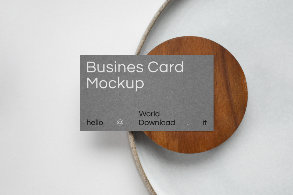 US size Business Card on Plate PSD Mockup sen from above on the white table.