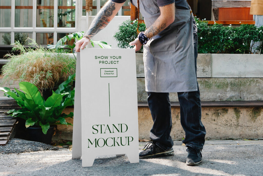 Wooden Restaurant Stand with People Mockup set before café by men.