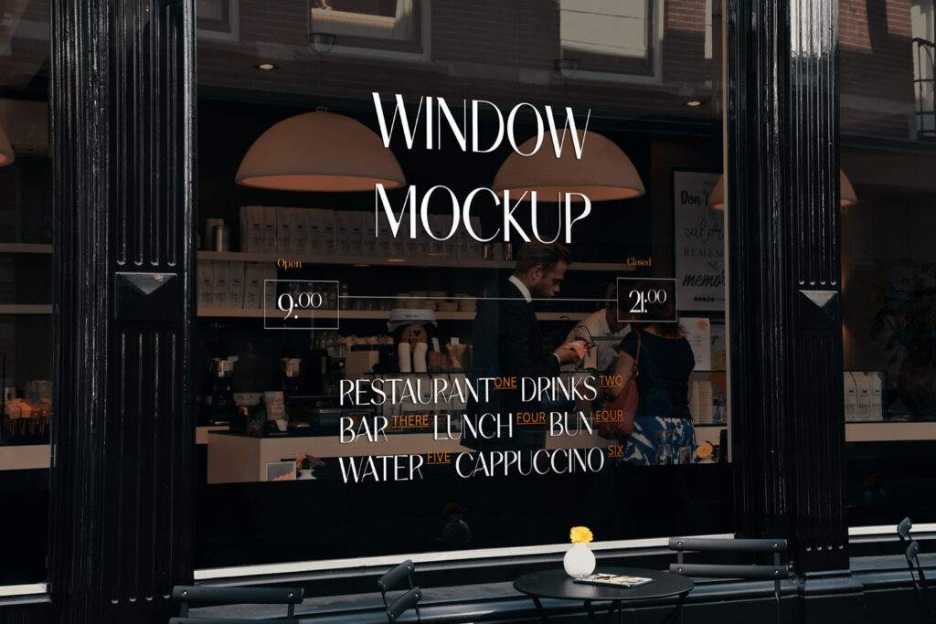 Restaurant Window PSD Mockup seen with people inside the restaurant buying lunch.