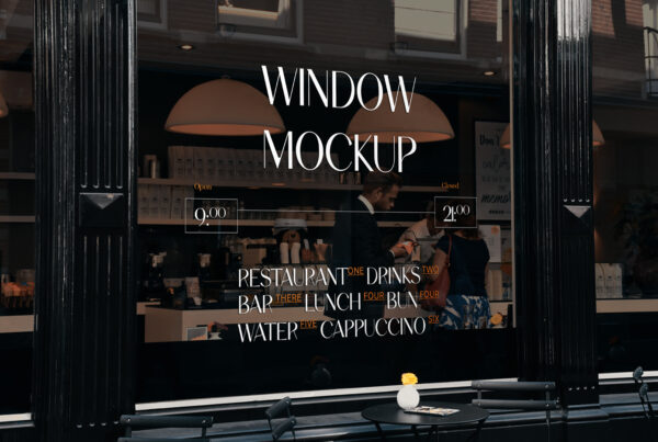 Restaurant Window PSD Mockup seen with people inside the restaurant buying lunch.
