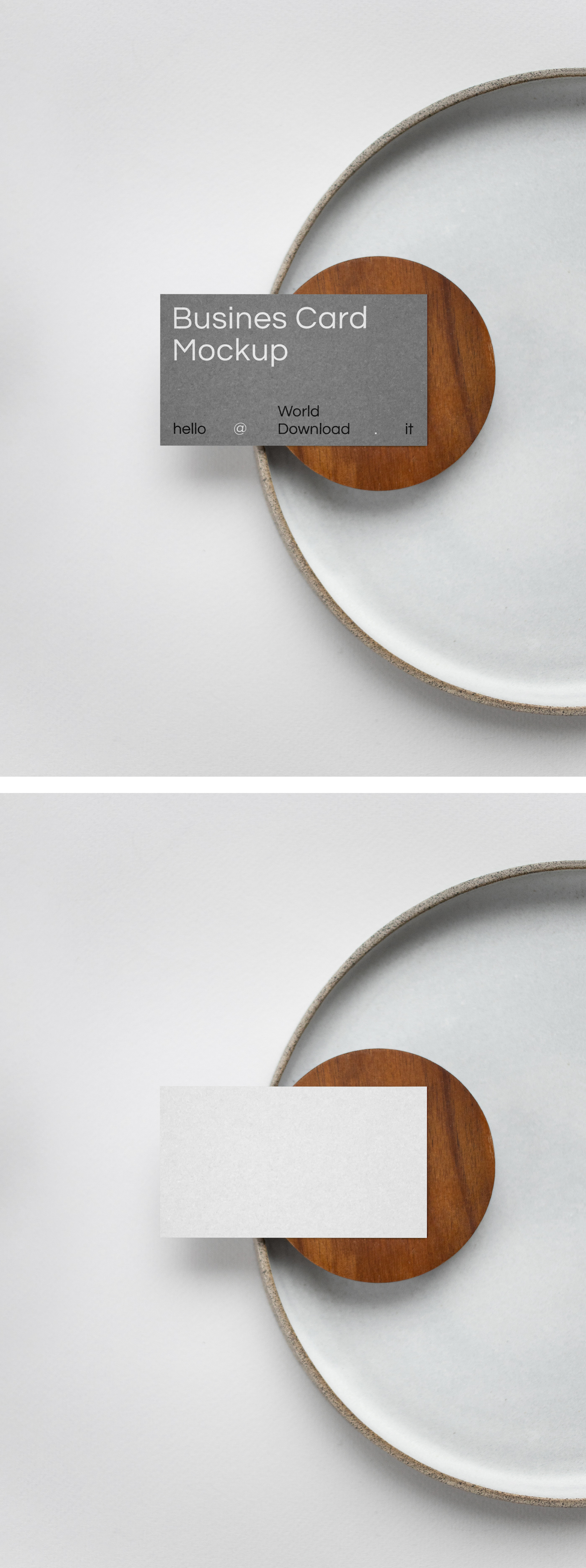 Blank US size Business Card on Plate PSD Mockup sen from above on the white table.