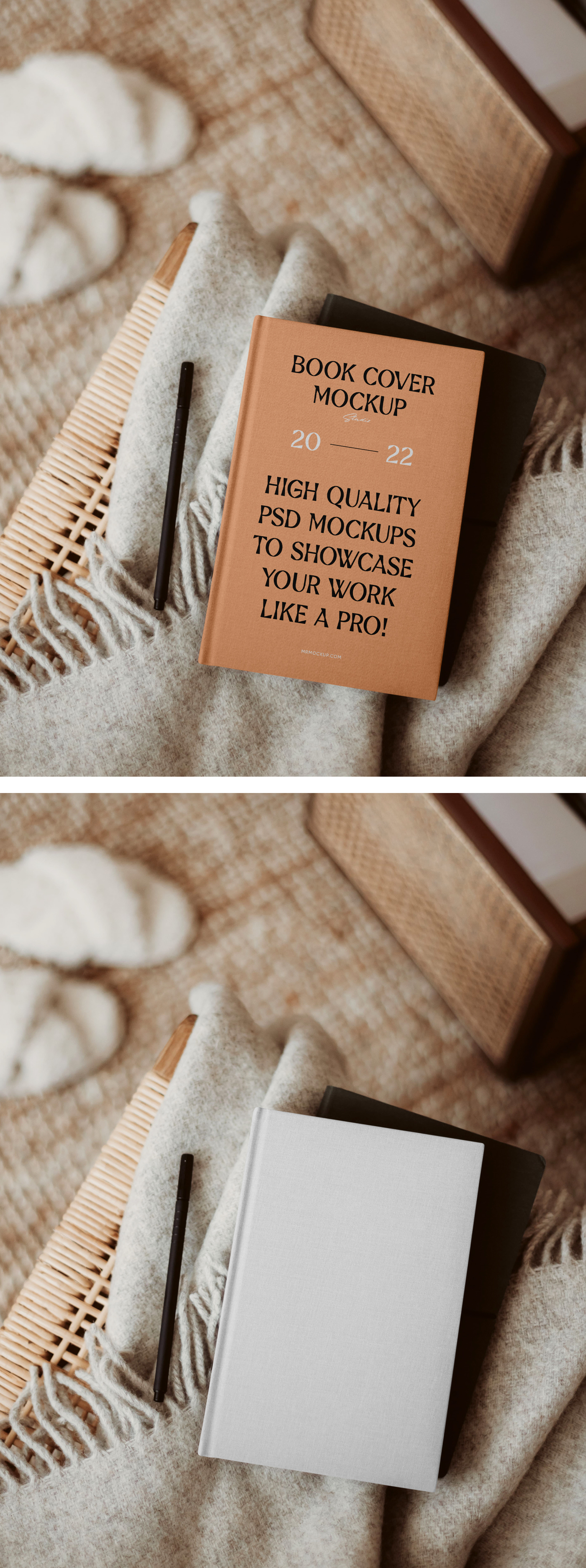 Blank Hardcover Book PSD Mockup seen from above lie on blanket.