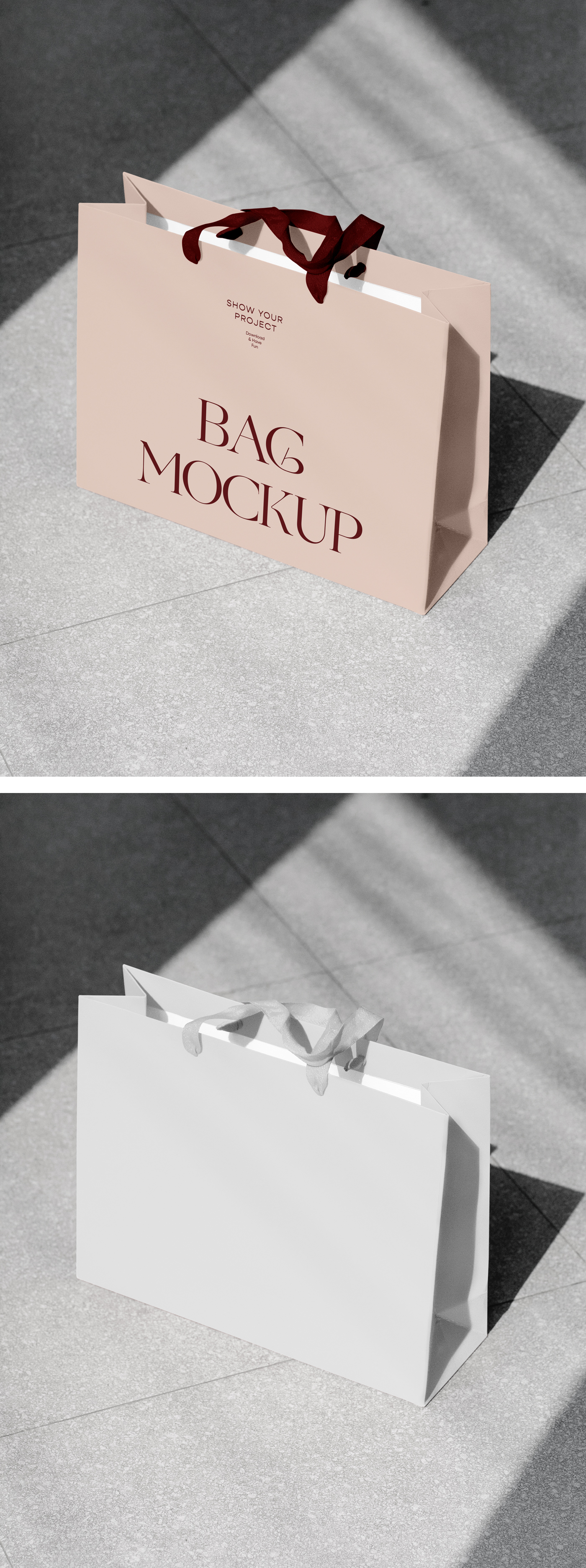 White Luxury Shopping Bag on Street Mockup stands on a marble floor.