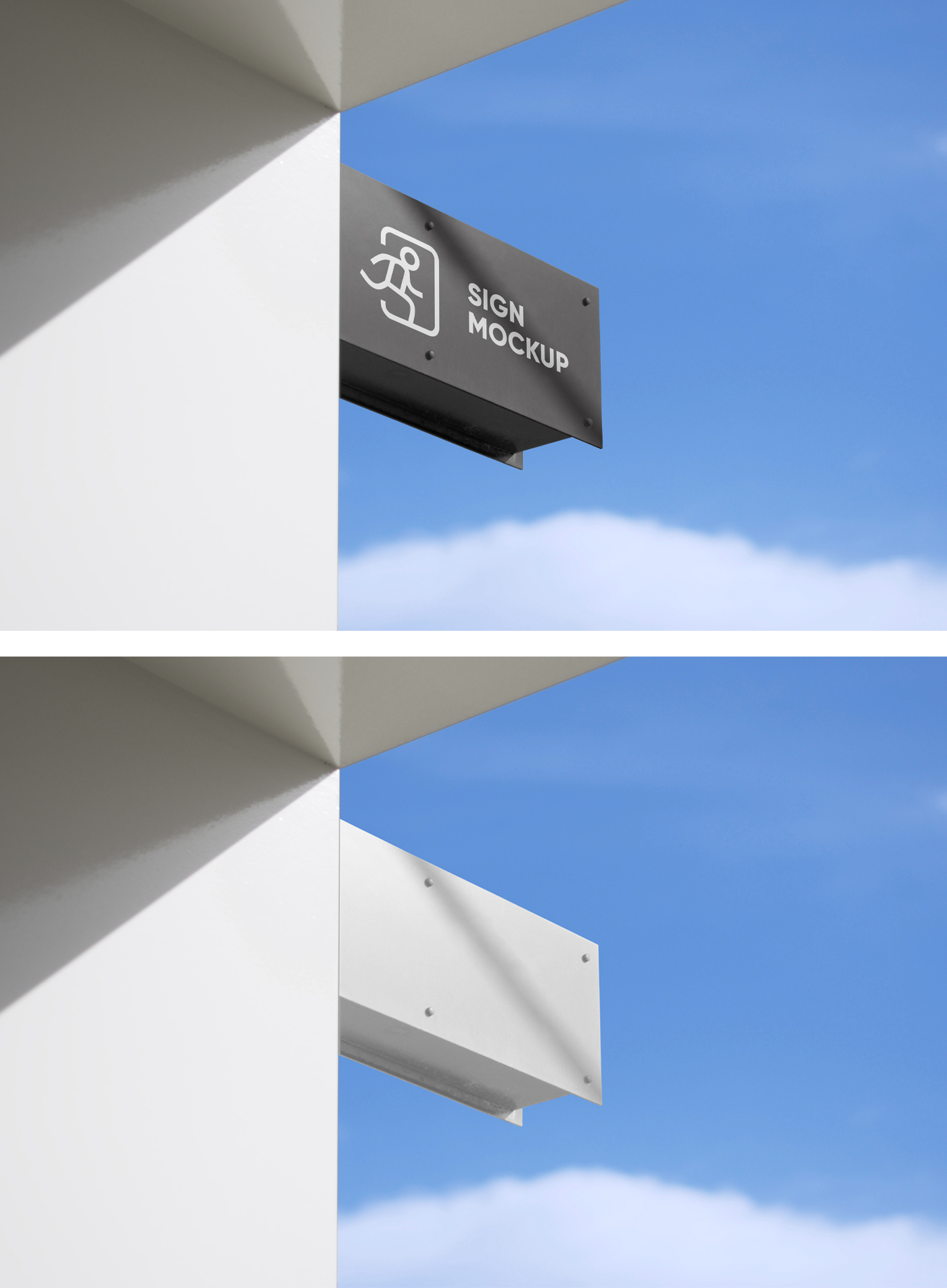 Rectangle white metal Signage on Building Mockup against sky view.