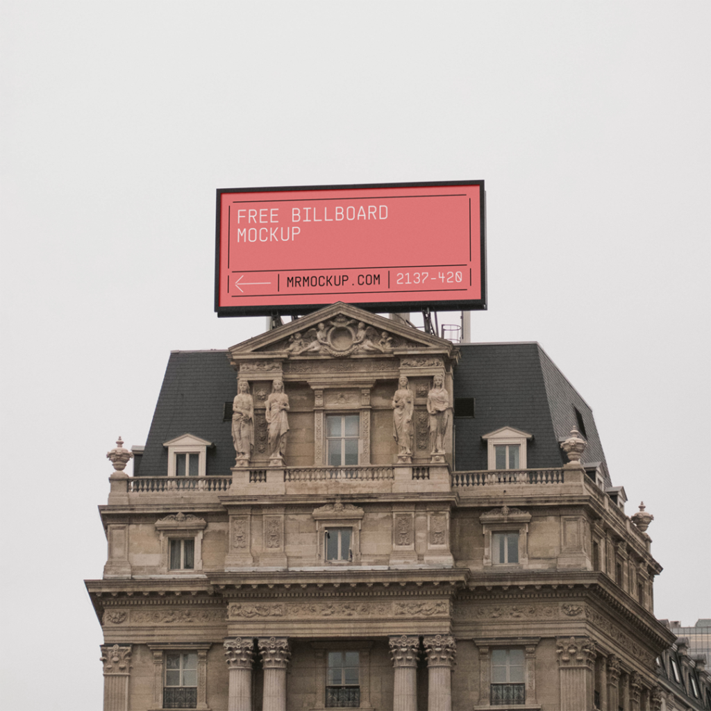 Wide Billboard on Tenement Mockup against the background of a cloudy day.