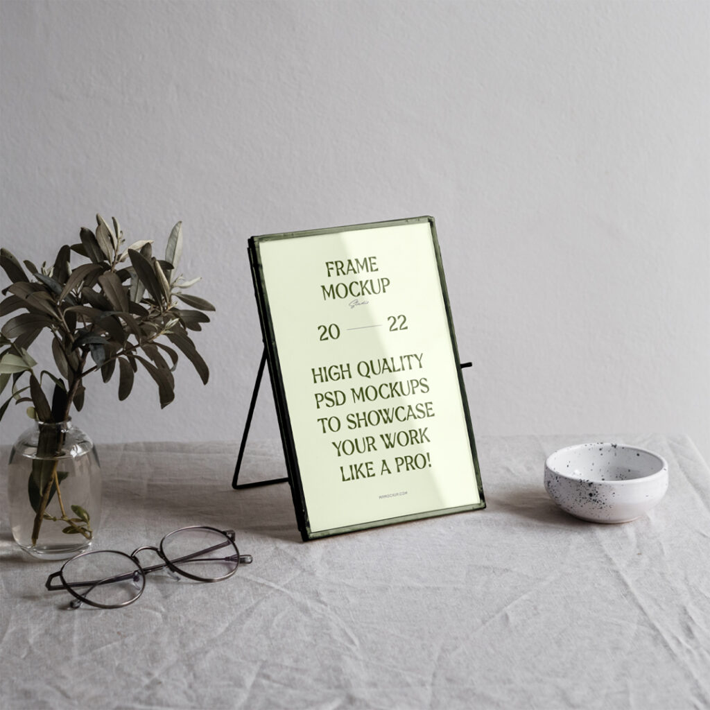 Mini Gold Frame on Table Mockup around details in photography composition.