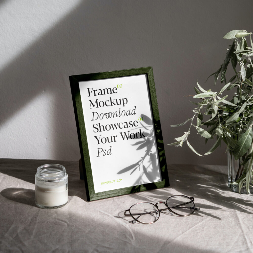 A Mini Wood Frame Mockup standing on the table covered with a cotton cloth.