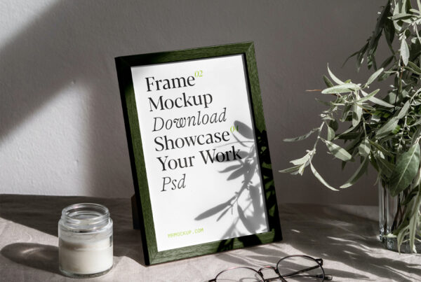 A Mini Wood Frame Mockup standing on the table covered with a cotton cloth.
