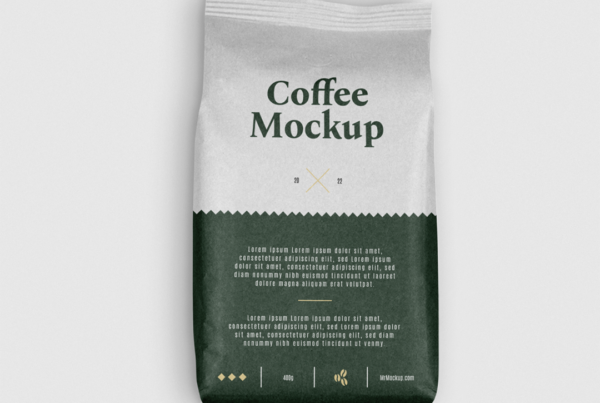 Small Paper Coffee Bag Mockup seen from above and lie on the bright gray floor.