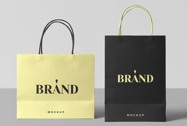 Front view, two Paper Shopping Bags Mockup standing on the gray floor in studio.