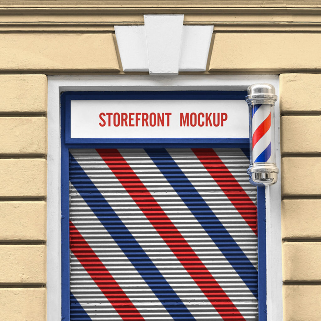 Front view, Storefront Mockup in the building elevation.