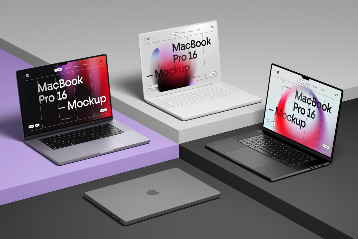 Three MacBook Pro 16 Mockups 03 MBP16M