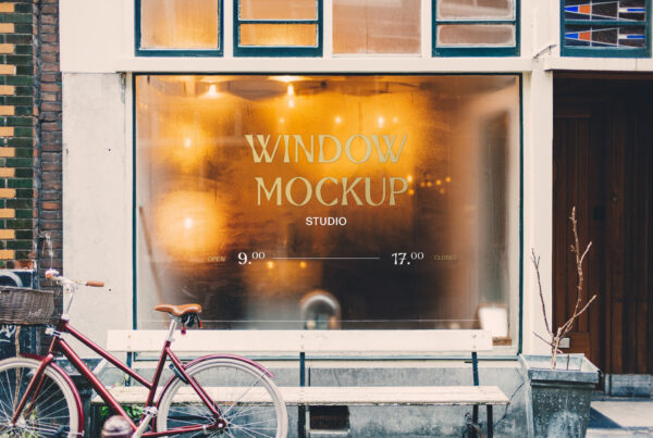 Front view glass Sign on Window Mockup located on the facade of the building.
