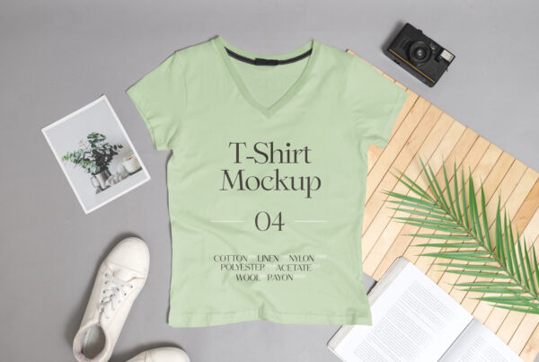 V-neck T-Shirt Mockup lies on the gray floor among camera, shoes, book and picture.