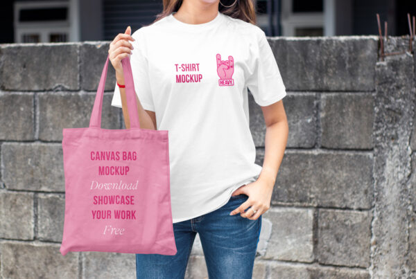 Women presenting design on T-Shirt with Canvas Bag Mockup in white and pink colors.