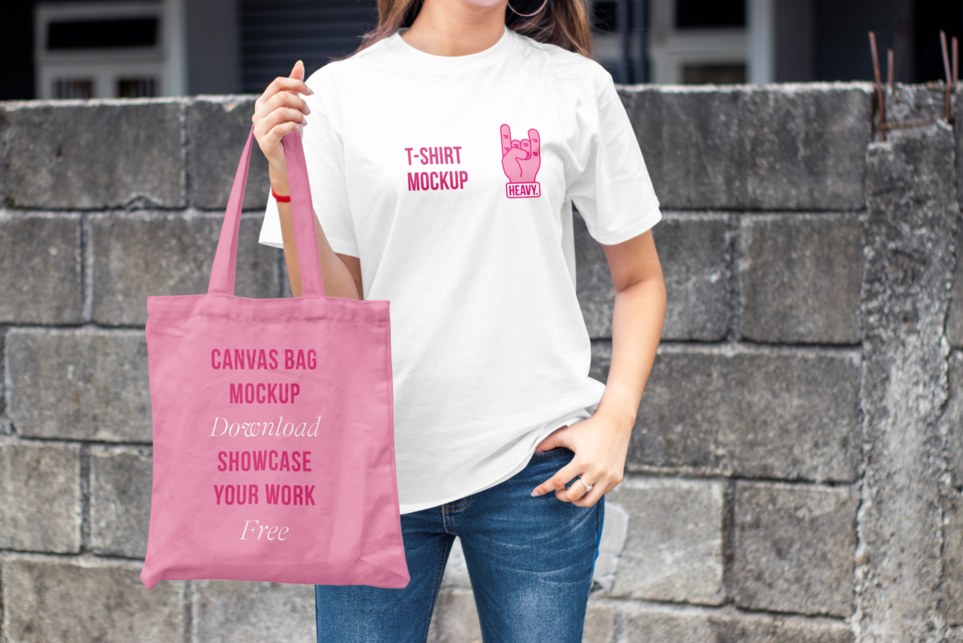 Women presenting design on T-Shirt with Canvas Bag Mockup in white and pink colors.