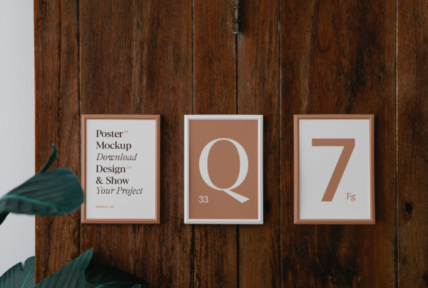 Front view, Three Posters on Wood Wall Mockup with Monstera Deliciosa flower.