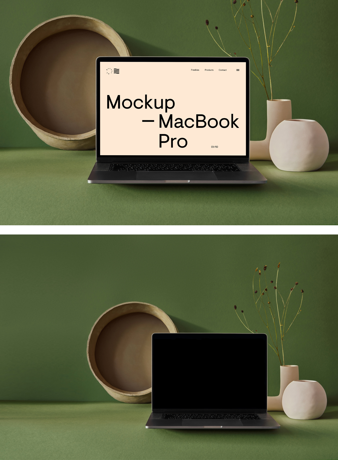 带有花瓶样机的 MacBook Pro