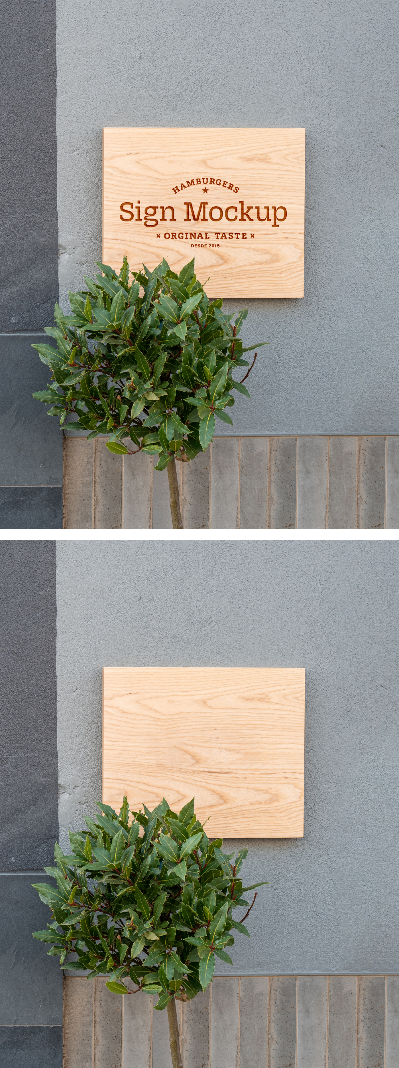 Empty Wood Sign Mockup attached to concrete, bright gray wall.