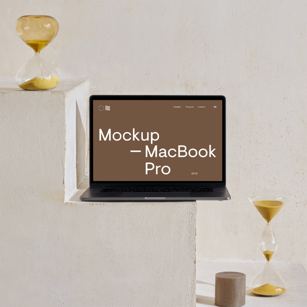 Front view, MacBook Pro Mockup standing on the concrete stairs.