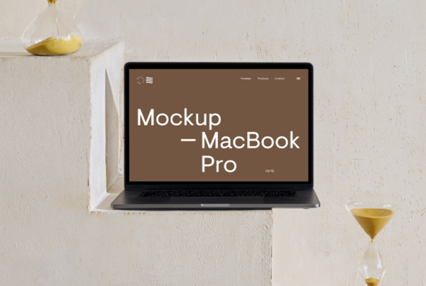 Front view, MacBook Pro Mockup standing on the concrete stairs.
