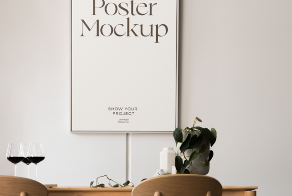 Front view Poster in Dining Room Mockup hanging on the white wall in the flat.