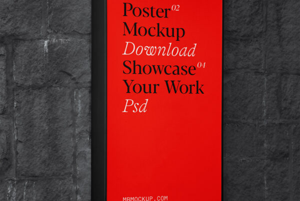 Vertical Poster Mockup in black frame hanging on the black brick wall.