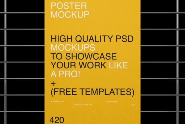 The Poster Mockup hangs on a metal grille with black background.