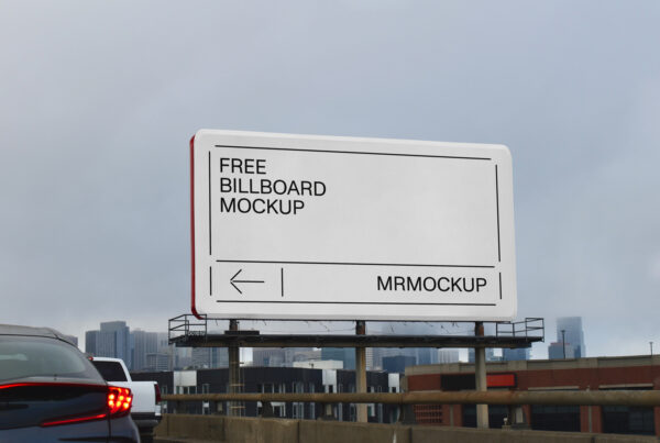 Big city billboard mockup standing by the roadside against the background of the city.