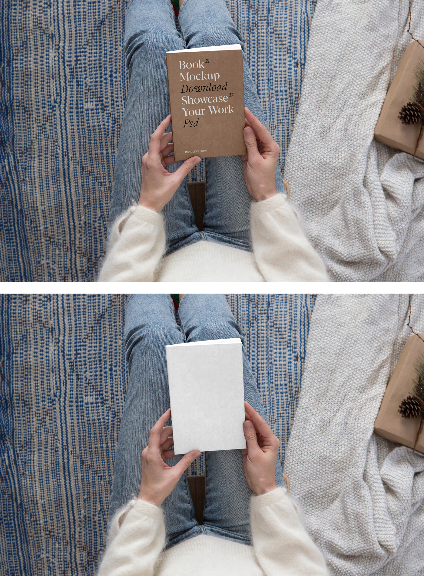 Book cover mockup holding in woman hands with design and blank.