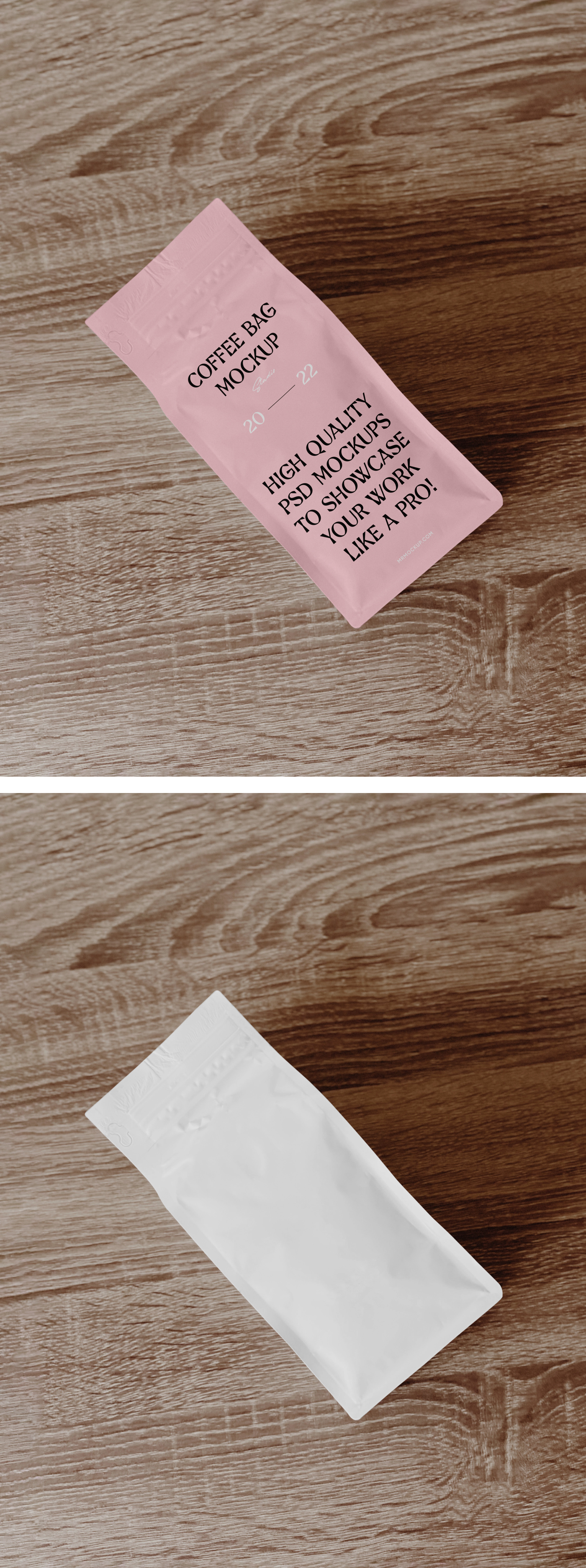 The white coffee bag mockup lies on the wooden floor.