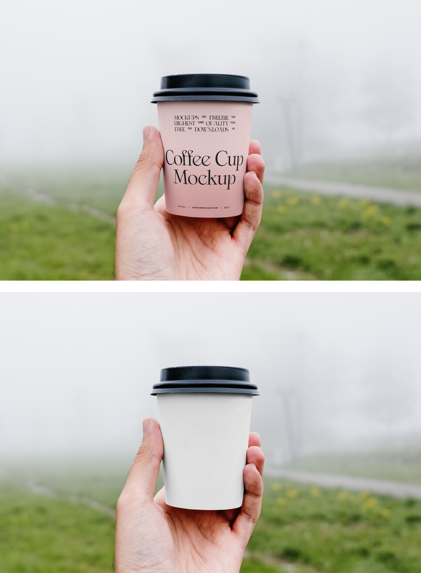 Blank small coffee cup mockup in hand on the park background view.