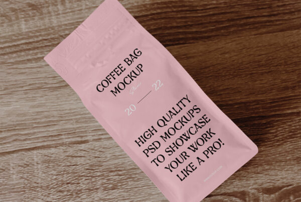 The coffee bag mockup lies on the wooden floor.
