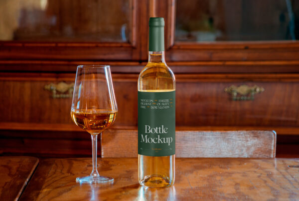 Wine bottle mockup standing on the wooden table next to a glass of wine.