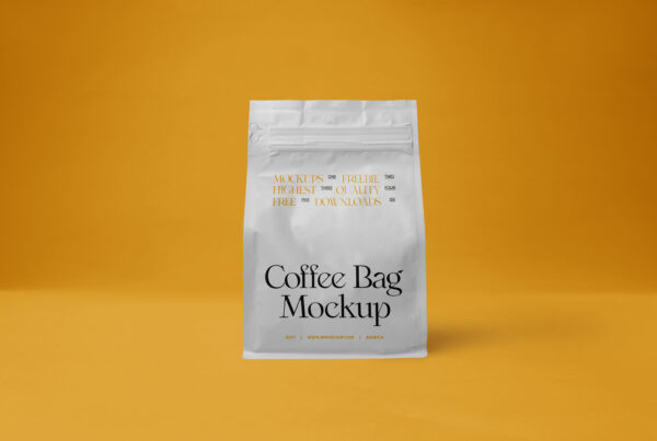 A plastic coffee bag mockup is located on the floor, seen from the front.