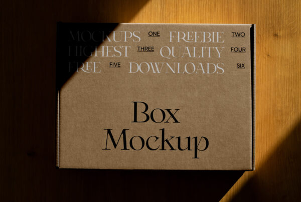 A rectangle craft paper box mockup laying on the wooden floor.