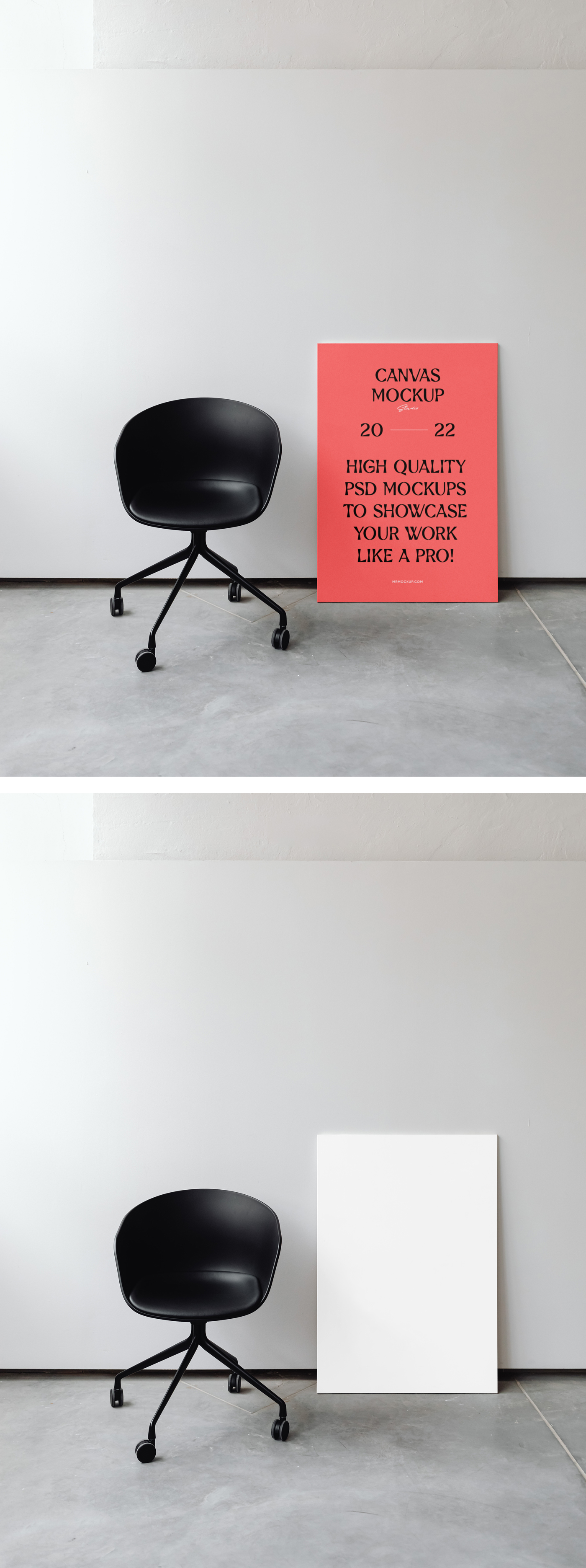 Blank B2 canvas mockup leaning against a wall in a studio with a black work chair.