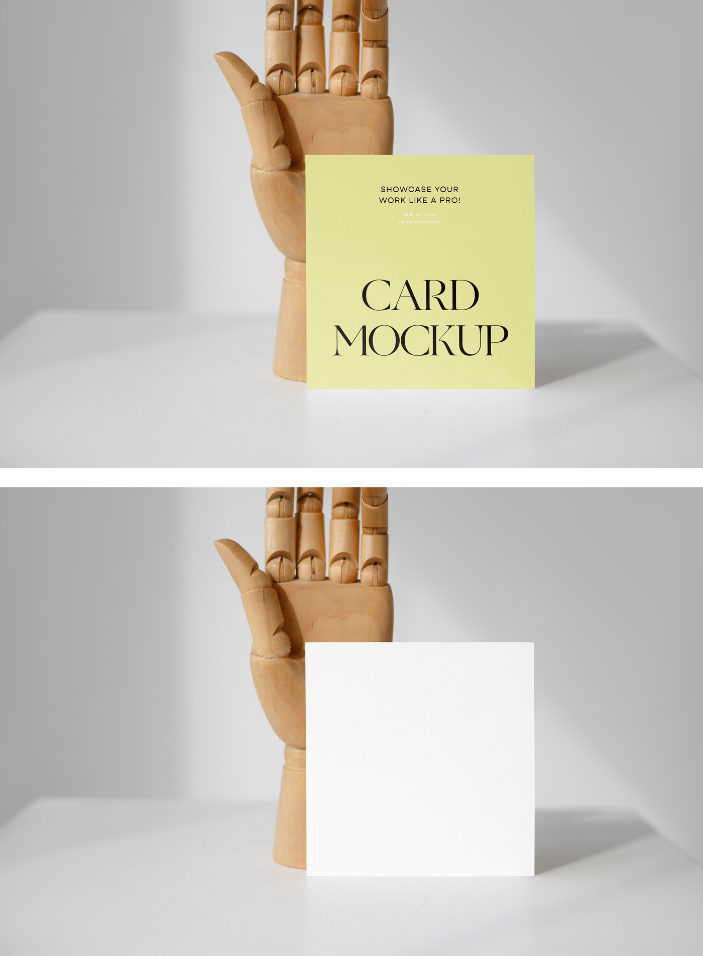White card mockup with a standing wooden hand at the back.