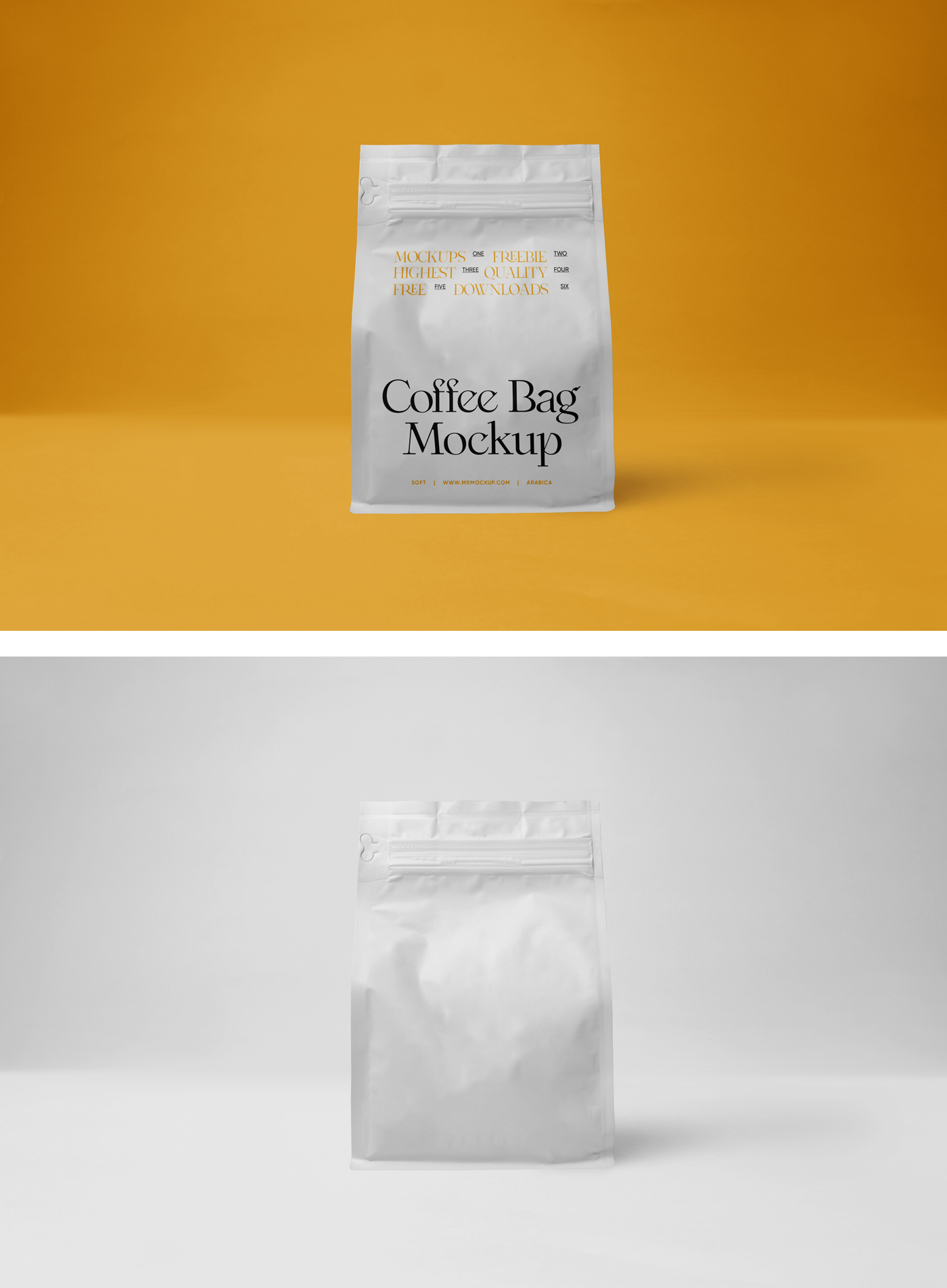 A white plastic coffee bag mockup is located on the floor, seen from the front.