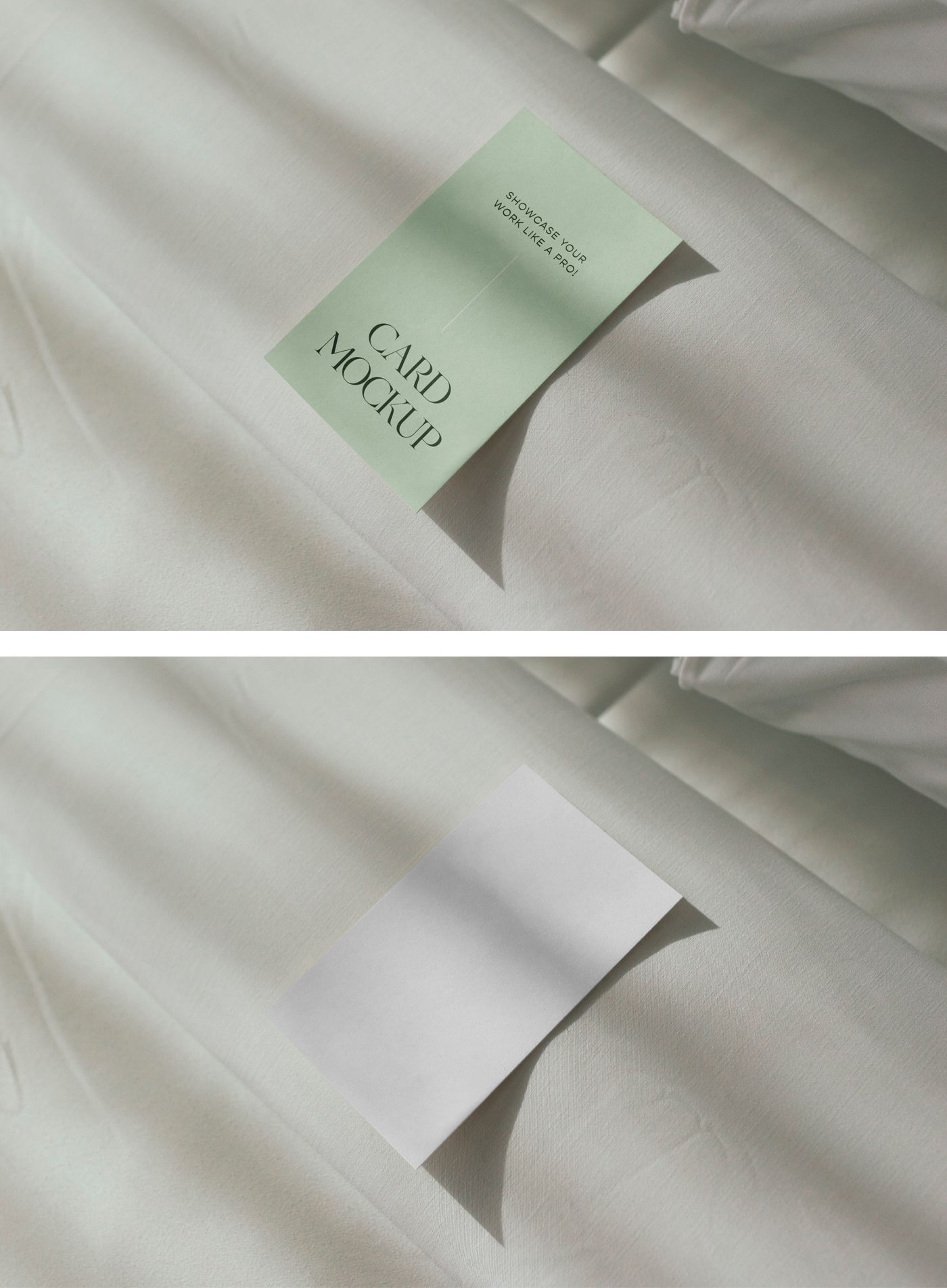 The white hotel room card mockup laying on the bed.