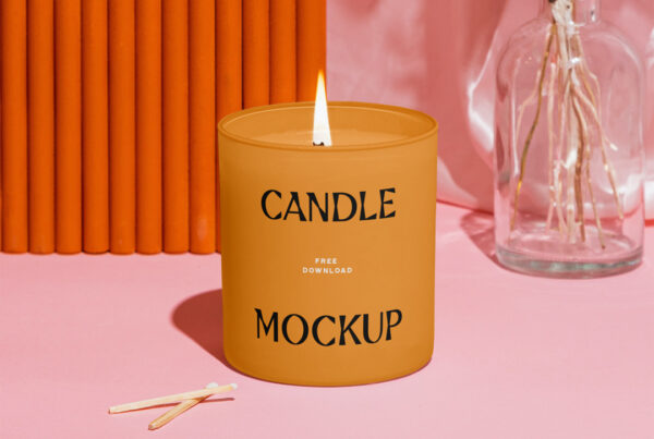 Candle mockup standing on the pink floor.
