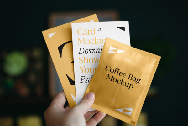 Paper cards with small coffee bag mockup holding in hand.