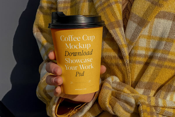 Coffee cup mockup held by woman wearing a bathrobe.