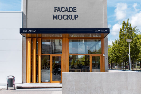 A concrete building facade mockup seen from the front with trees.