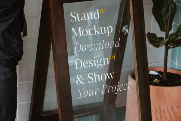 A glass stand mockup standing in the room with the plant.