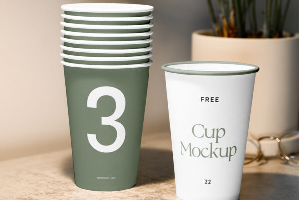 Paper cups mockup standing on the table with flower behind.
