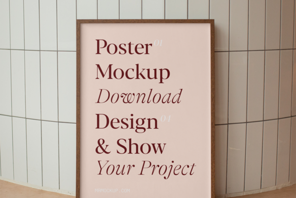 Poster on the floor mockup in front of wall with ceramic tiles.