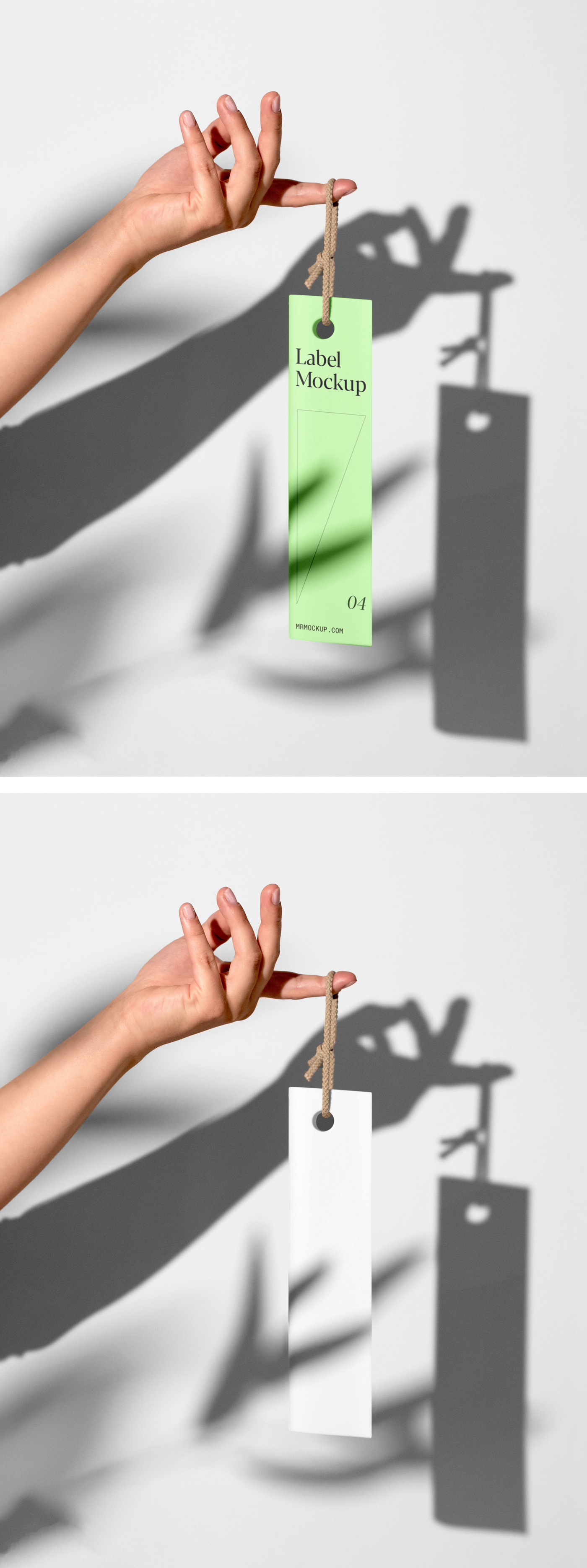 The white label mockup hangs from hand in front of the wall.