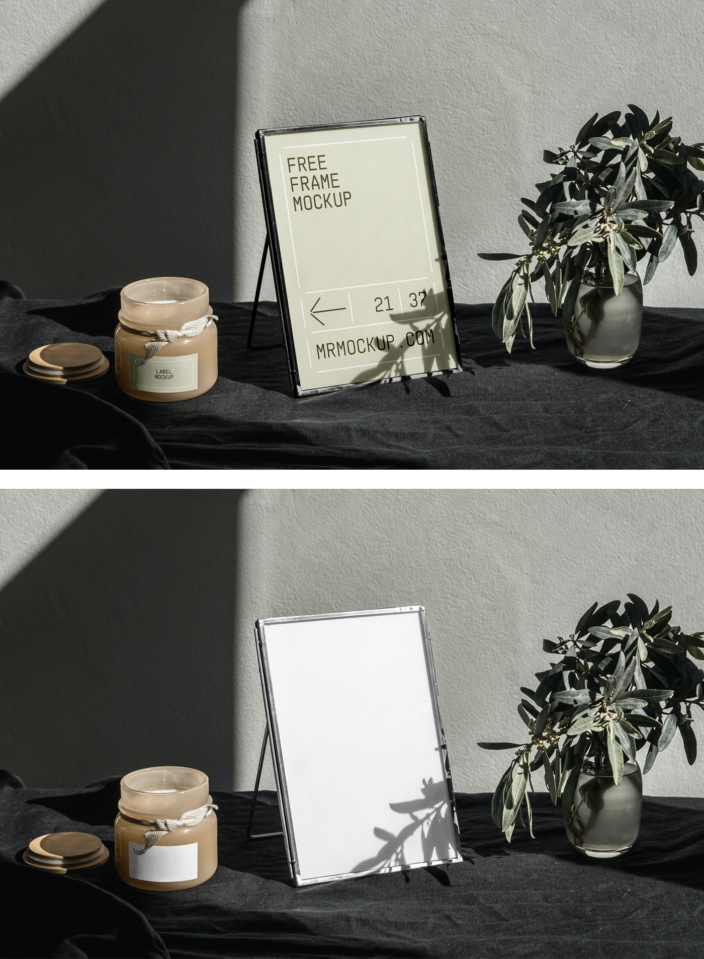 Mini gold frame mockup with flowers on the table.
