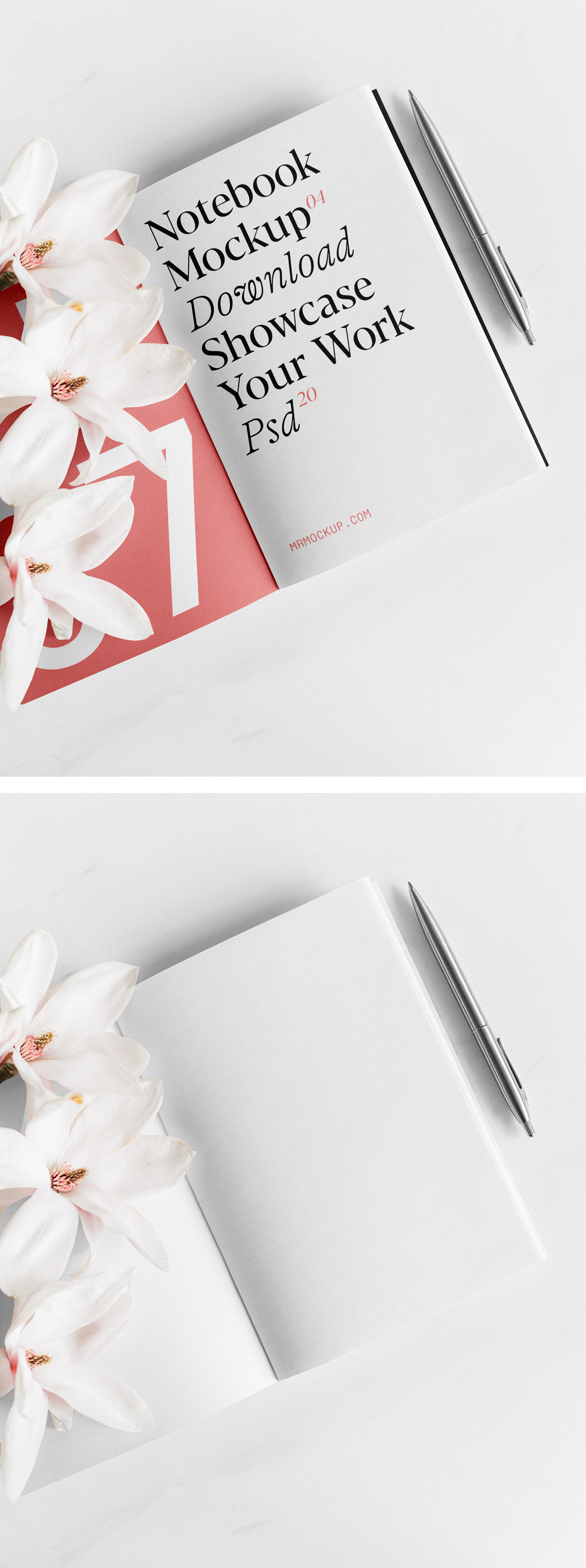 An open white notebook mockup with flowers laying on the floor.